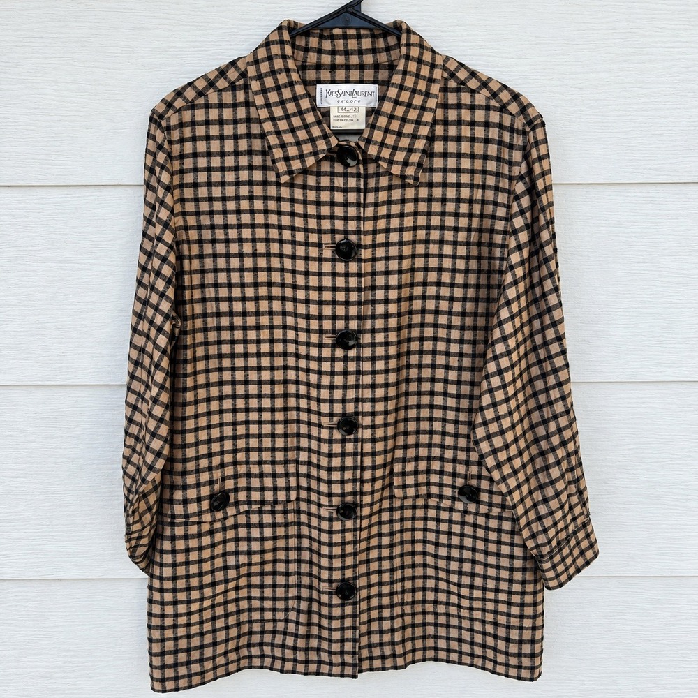 Yves Saint Laurent Encore Shirt Jacket Size 12 Tan Black Gingham Vintage 90s YSL